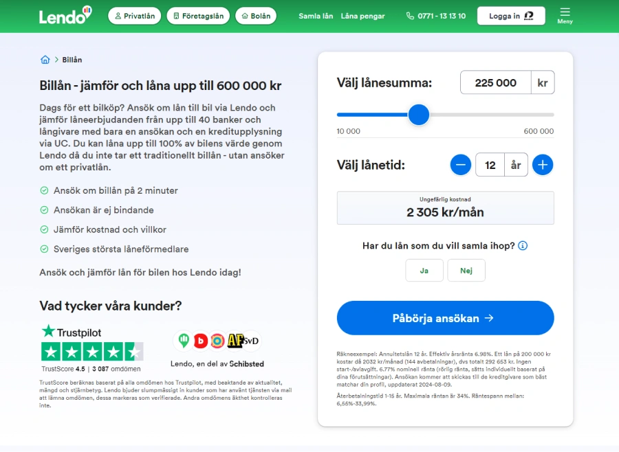 Lendos sida för ansökan om billån